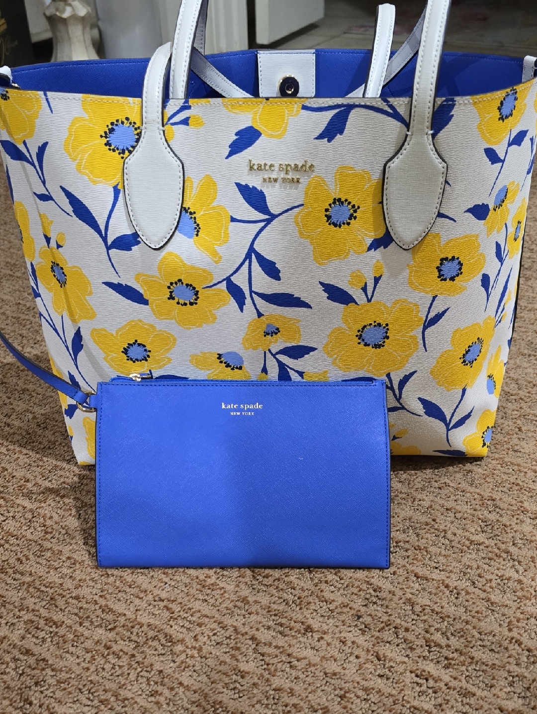 Nwot-Kate Spade Bleeker Sunshine Tote With Blue Pouch
